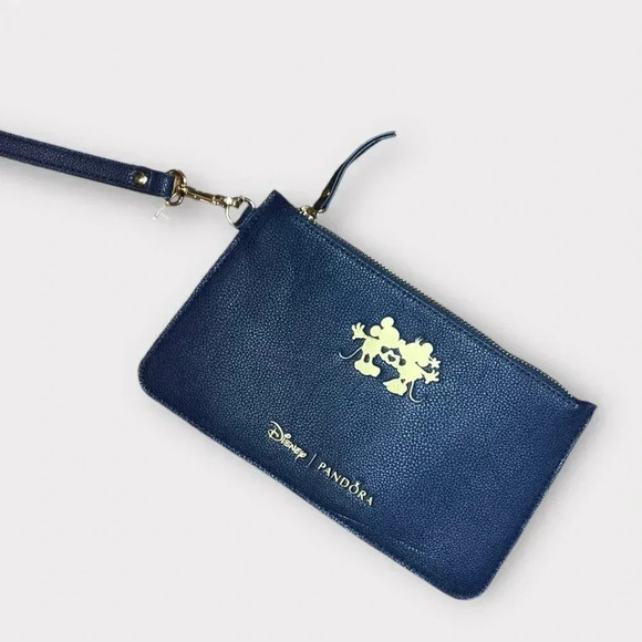 New PANDORA x Disney Mickey & Minnie Mouse Gold Navy Blue Wristlet Pouch Magical - Picture 2 of 12